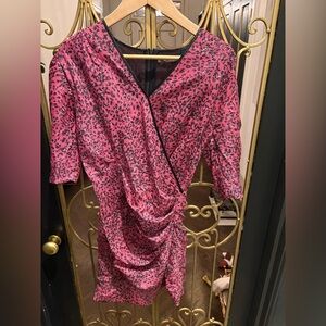 Pink Leopard 3/4 sleeve sequins Dress size 42 puff sleeves rouging butt Simona